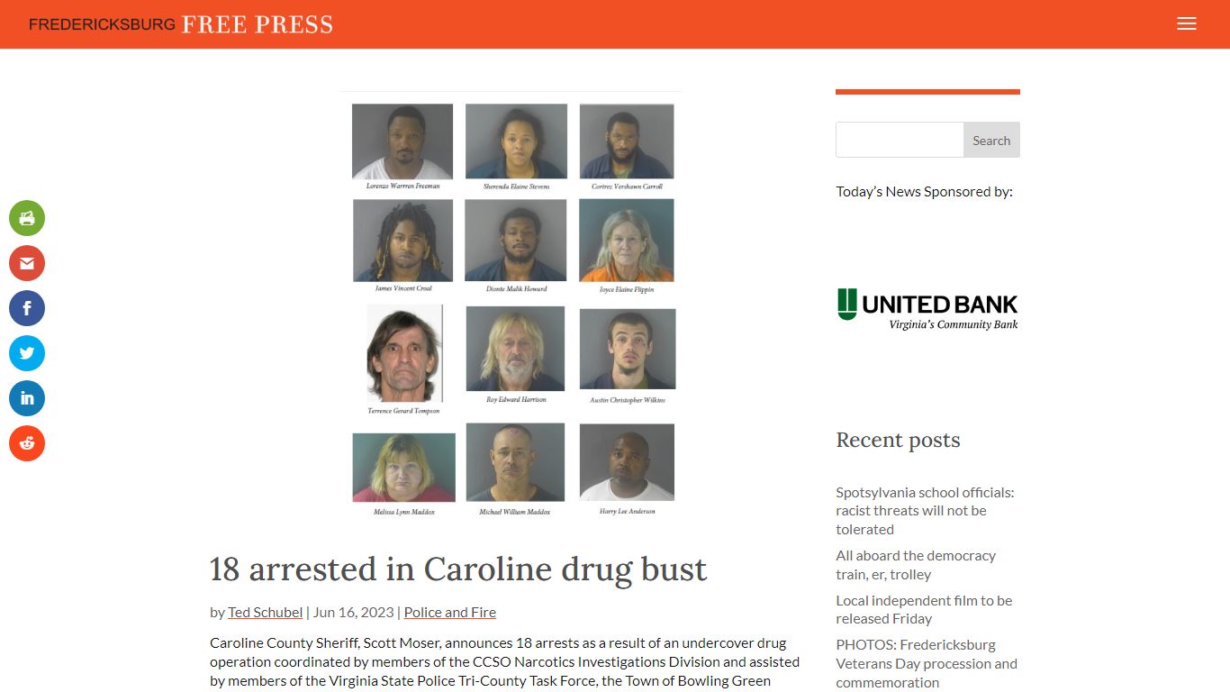 18 arrested in Caroline drug bust - Fredericksburg Free Press